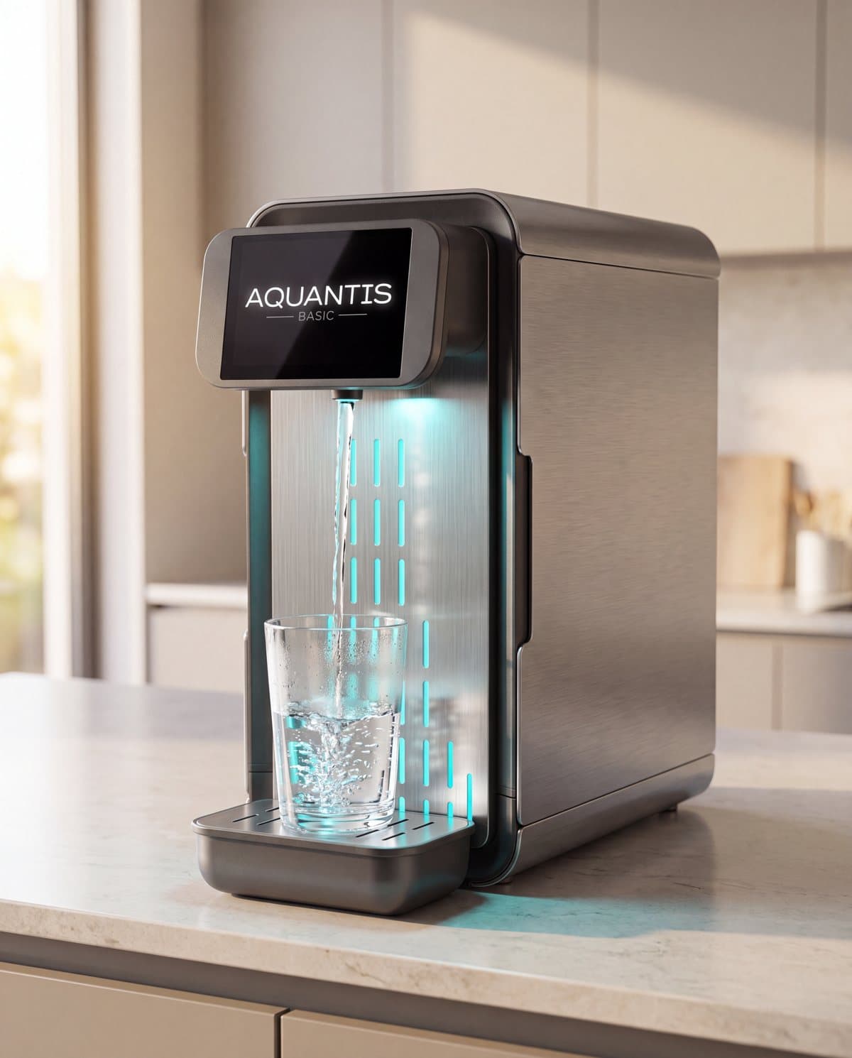 AQUANTIS Basic на кухонной столешнице наполняет стакан водой