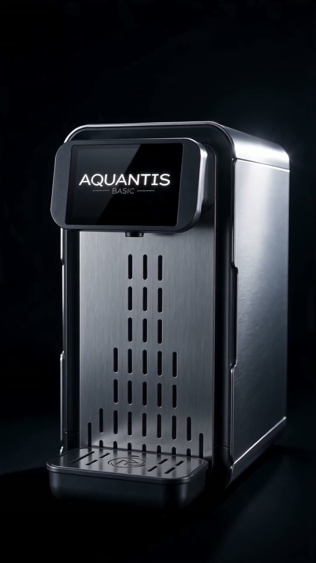 A frame from the promo video: the AQUANTIS Basic unit on a dark background