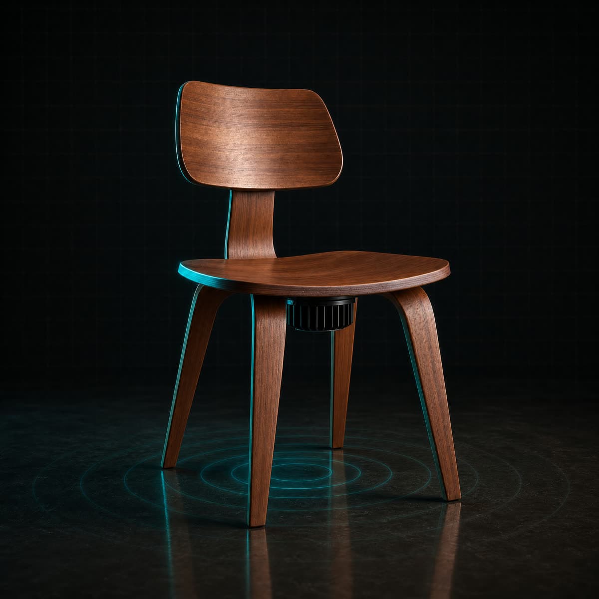 The SUSHUMNA chair in molded plywood, three-quarter view, rings of vibration on the floor