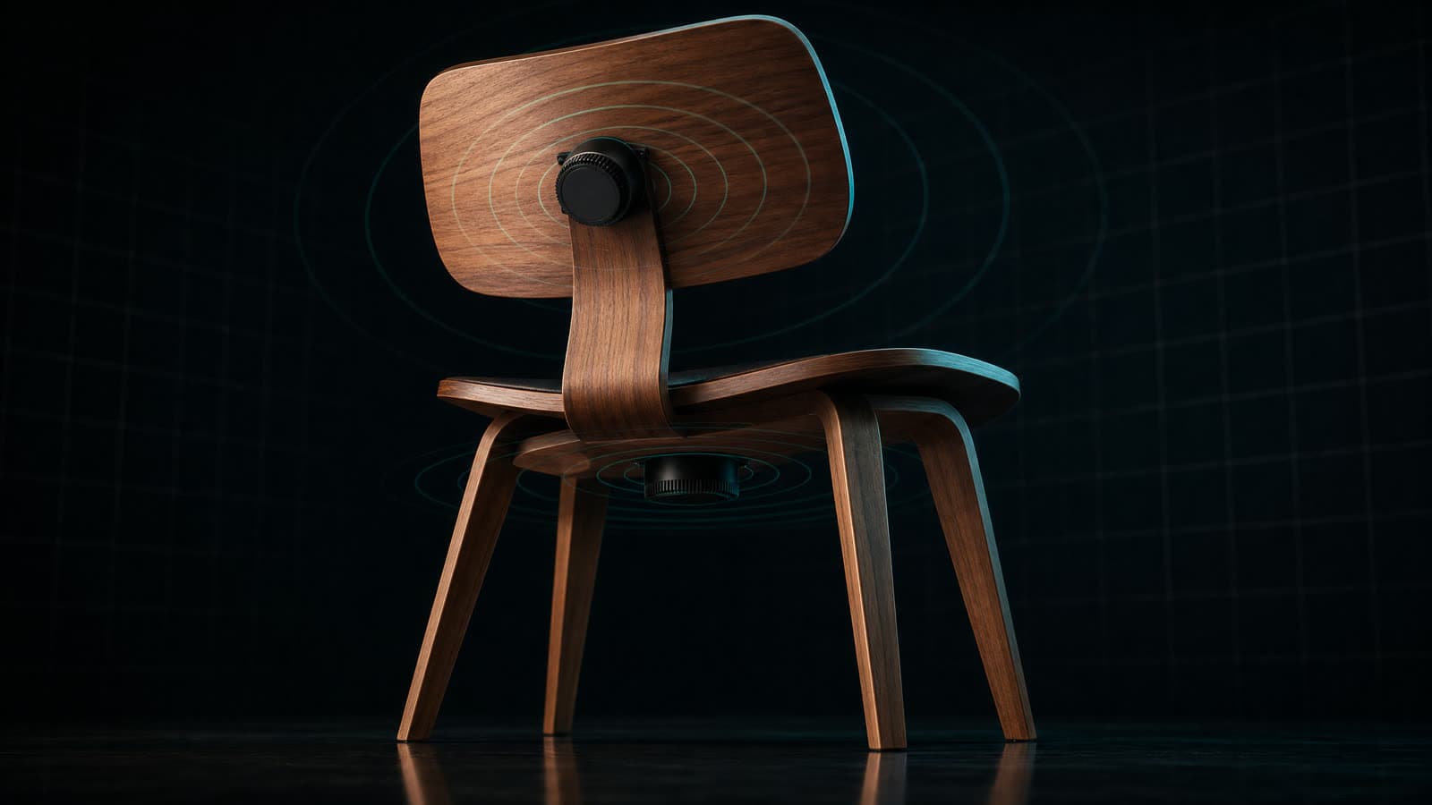 The SUSHUMNA chair from behind: two tactile drivers — under the seat and on the backrest — with rings of vibration from both